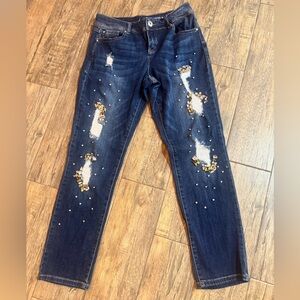 Dark Blue Embellished Distressed Women's Jeans